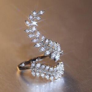 Creative Leaf  Silver Rings Cubic Zirconia Wedding Party Ring Size Adjustable